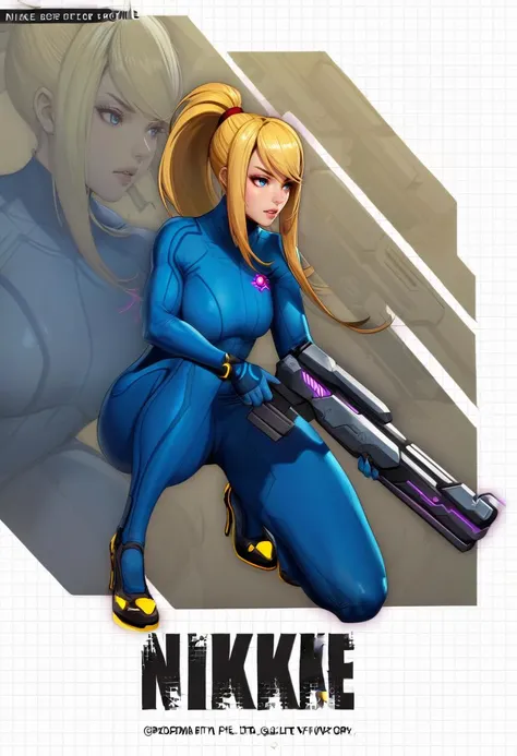 Samus Aran, naked holding her galactic pistol, showing her big breasts with pink nipples, and with her beautiful pussy on display.