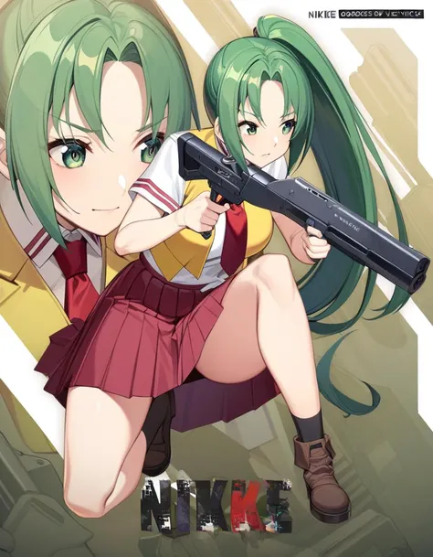 late, 1girl, Mion Sonozaki, green hair, green eyes, ponytail, white shirt, red necktie, yellow vest, red skirt, socks, boots, <lora:MionXL:1> , <lora:NikkeProfileXL:1>, IncrsNikkeProfile, full body, zoom layer, holding weapon, holding gun, one knee