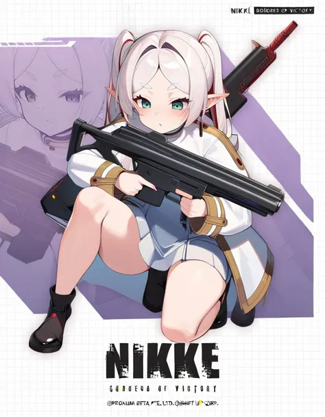 1girl, IncrsNikkeProfile, <lora:NikkeProfileXL:1>, full body, zoom layer, holding weapon, holding gun, one knee, <lora:frieren_xl_2:0.8> Frieren, owoface