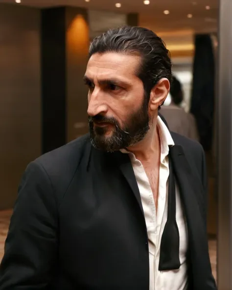 (untiboti:1.2), side view profile of a 55 years old Fares Fares wearing a suit with a unbuttoned white shirt, split loose black tie, long beard, medium-length-hair, adjusting suit, natural lighting, brow dark eyes, perfect pupils, 4k uhd, dslr, soft lighting, high quality, Fujifilm XT3   <lora:Fares_Fares:0.8>  <lora:UntiedBT-Final-EP12:1.4@0,1.4@0.35,0.75@0.35>