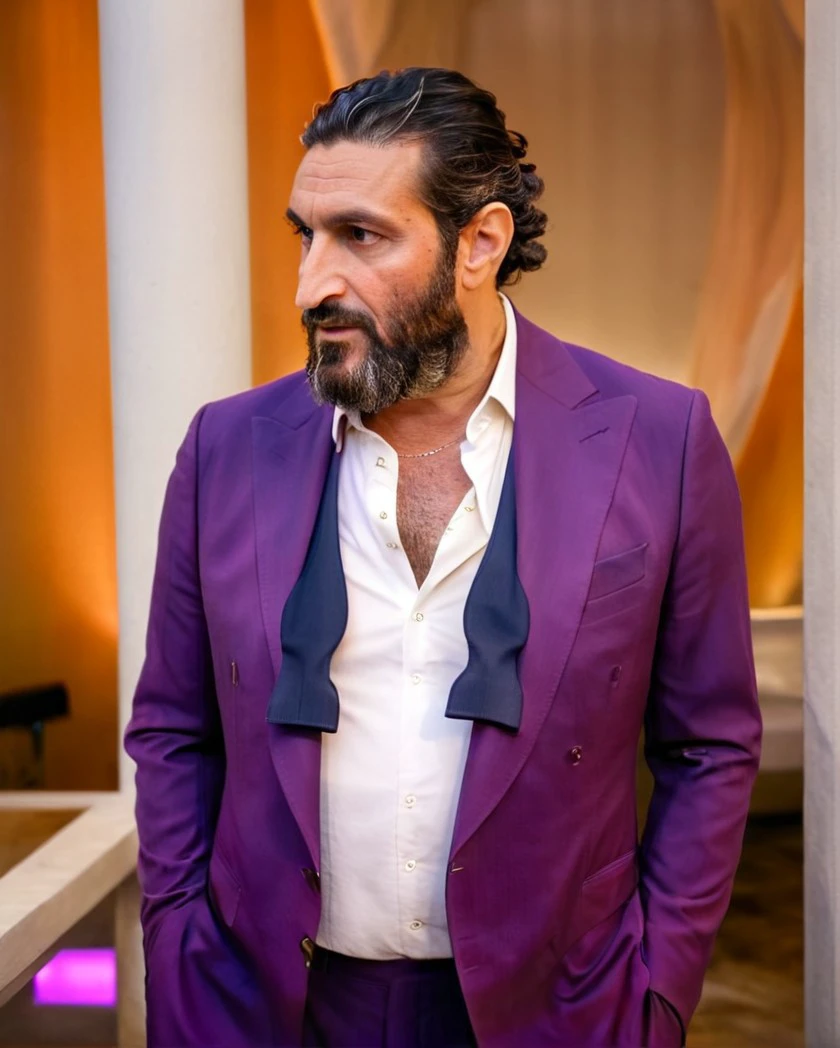 (untiboti:1.2), side view profile of a 55 years old Fares Fares wearing a purple suit with a unbuttoned white shirt, split loose black tie, long beard, medium-length-hair, adjusting suit, natural lighting, brow dark eyes, perfect pupils, 4k uhd, dslr, soft lighting, high quality, Fujifilm XT3 <lora:UntiedBT-Final-EP12:1.4@0,1.4@0.35,0.75@0.35>> <lora:Fares_Fares_Flexible:0.8>