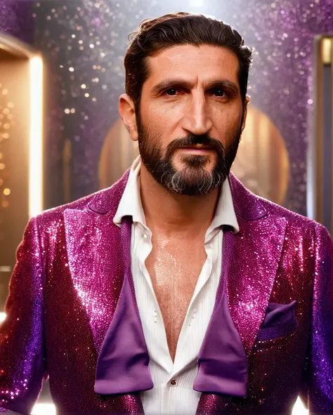 (untiboti:1.2), side view profile of a 55 years old Fares Fares wearing a purple RedGlitter suit with a unbuttoned white shirt, split loose black tie, long beard, fancy quiff hair, adjusting suit, natural lighting, brow dark eyes, perfect pupils, 4k uhd, dslr, soft lighting, high quality, Fujifilm XT3   <lora:UntiedBT-Final-EP12:1.4@0,1.4@0.35,0.85@0.35> <lora:Fares_Fares:0.8> <lora:SDXLRedGlitter:0.7>