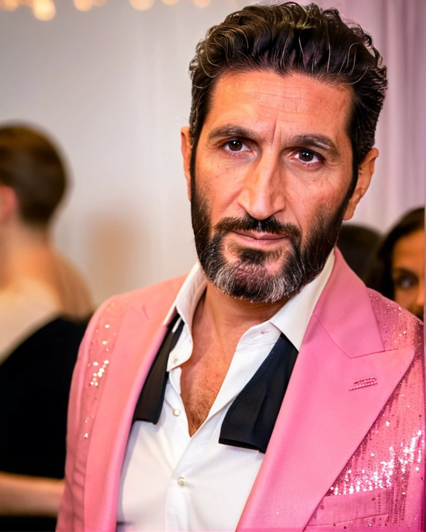 untiboti, side view profile of a 55 years old Fares Fares wearing a pink glitter suit with a unbuttoned white shirt, split loose black tie, long beard, fancy quiff hair, adjusting suit, natural lighting, brow dark eyes, perfect pupils, 4k uhd, dslr, soft lighting, high quality, Fujifilm XT3 <lora:UntiedBT-Final-EP12:1.5@0,1.5@0.35,0.85@0.35> <lora:Fares_Fares_Flexible:0.8>