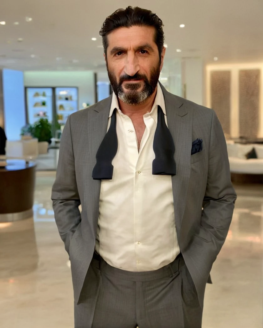 untiboti, upper body photo of a 55 years old Fares Fares wearing a suit with a unbuttoned white shirt, split loose black tie, long beard, medium-length-hair, adjusting suit, natural lighting, brow dark eyes, perfect pupils, 4k uhd, dslr, soft lighting, high quality, Fujifilm XT3 <lora:Fares_Fares:0.8> <lora:UntiedBT-Final-EP12:1.3@0,1.3@0.35,0.75@0.35>
