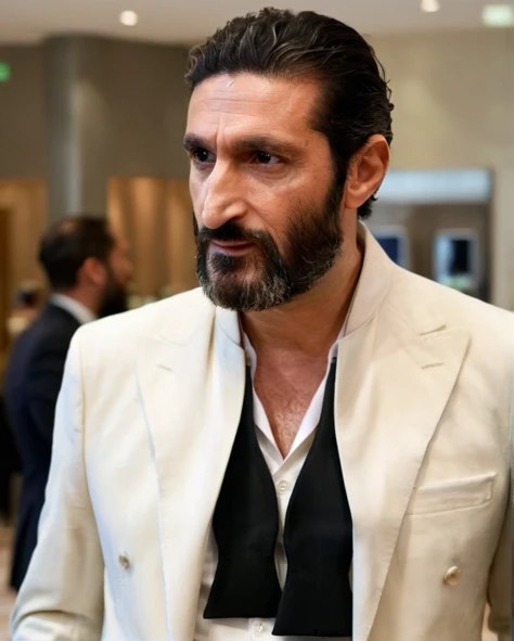 (untiboti:1.2), side view profile of a 55 years old Fares Fares wearing a suit with a unbuttoned white shirt, split loose black tie, long beard, medium-length-hair, adjusting suit, natural lighting, brow dark eyes, perfect pupils, 4k uhd, dslr, soft lighting, high quality, Fujifilm XT3   <lora:Fares_Fares:0.8>  <lora:UntiedBT-Final-EP12:1.4@0,1.4@0.35,0.75@0.35>