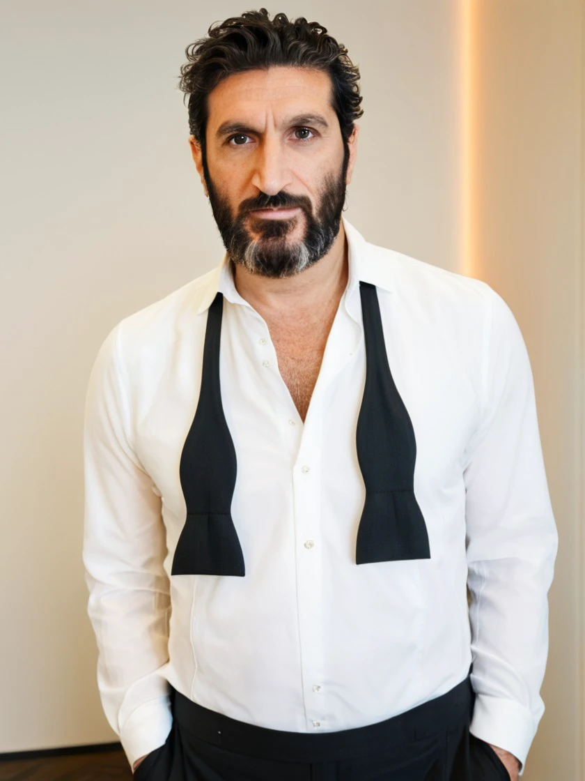<lora:UntiedBT-Final-EP12:1.0>untiboti, upper body photo of a 55 years old Fares Fares wearing a suit with a unbuttoned white shirt, split loose black tie, split loose black tie, long beard, medium-length-hair, natural lighting, 4k uhd, dslr, soft lighting, high quality, Fujifilm XT3 <lora:Fares_Fares_v6:0.8> Fares Fares