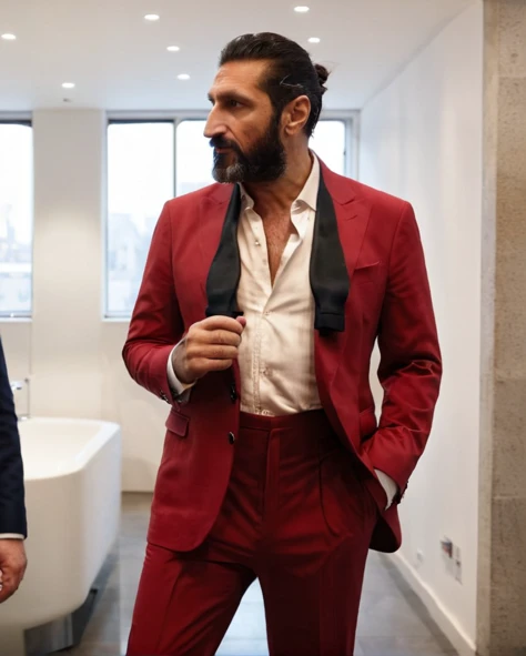 untiboti, side view profile of a 55 years old Fares Fares wearing a red suit with a unbuttoned white shirt, split loose black tie, long beard, long quiff hair, adjusting suit, natural lighting, brow dark eyes, perfect pupils, 4k uhd, dslr, soft lighting, high quality, Fujifilm XT3 <lora:UntiedBT-Final-EP12:1.45@0,1.45@0.35,0.85@0.35> <lora:Fares_Fares:0.8>