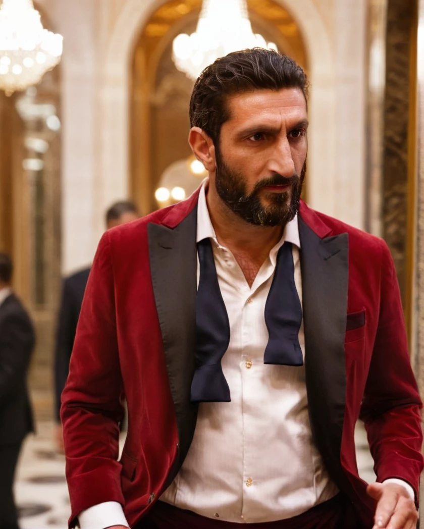 untiboti, side view profile of a 40 years old Fares Fares on a fancy golden palace wearing a red suit with a unbuttoned white shirt, split loose black tie, long beard, (quiff hair:1.2), adjusting suit, natural lighting, brow dark eyes, perfect pupils, 4k uhd, dslr, soft lighting, high quality, Fujifilm XT3 <lora:UntiedBT-Final-EP12:1.45@0,1.45@0.35,0.85@0.35> <lora:Fares_Fares:0.8>