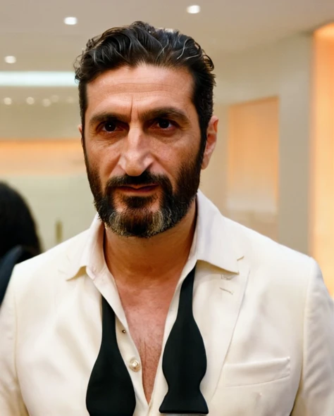 untiboti, upper body photo side view profile of a 55 years old Fares Fares wearing a suit with a unbuttoned white shirt, split loose black tie, long beard, medium-length-hair, adjusting suit, natural lighting, brow dark eyes, perfect pupils, 4k uhd, dslr, soft lighting, high quality, Fujifilm XT3   <lora:Fares_Fares:0.8>  <lora:UntiedBT-Final-EP12:1.3@0,1.3@0.35,0.75@0.35>