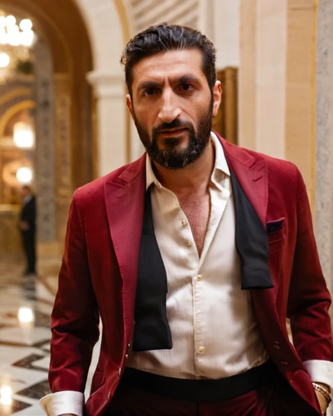 untiboti, side view profile of a 40 years old Fares Fares on a fancy golden palace wearing a red suit with a unbuttoned white shirt, split loose black tie, long beard, (quiff hair:1.2), adjusting suit, natural lighting, brow dark eyes, perfect pupils, 4k uhd, dslr, soft lighting, high quality, Fujifilm XT3 <lora:UntiedBT-Final-EP12:1.45@0,1.45@0.35,0.85@0.35> <lora:Fares_Fares:0.8>