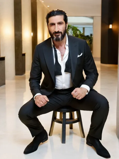 <lora:UntiedBT-Final-EP12:1.1><lora:Fares_Fares:0.8>untiboti, upper body photo of a 55 years old Fares Fares wearing a suit with a unbuttoned white shirt, split loose black tie, split loose black tie, long beard, medium-length-hair, natural lighting, 4k uhd, dslr, soft lighting, high quality, Fujifilm XT3