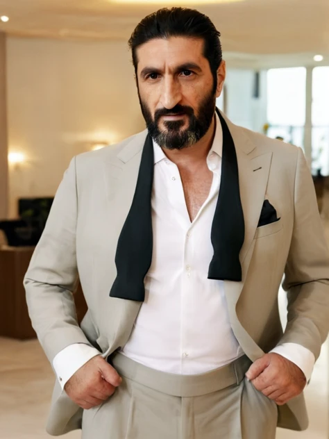 untiboti, upper body photo of a 55 years old Fares Fares wearing a suit with a unbuttoned white shirt, split loose black tie, split loose black tie, long beard, medium-length-hair, natural lighting, 4k uhd, dslr, soft lighting, high quality, Fujifilm XT3   <lora:Fares_Fares:0.8>  <lora:UntiedBT-Final-EP12:1>