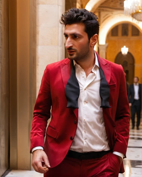 untiboti, side view profile of a young 25 years old Fares Fares on a fancy golden palace wearing a red suit with a unbuttoned white shirt, split loose black tie, shaved face, (messy quiff hair:1.2), adjusting suit, natural lighting, brow dark eyes, perfect pupils, 4k uhd, dslr, soft lighting, high quality, Fujifilm XT3 <lora:UntiedBT-Final-EP12:1.45@0,1.45@0.35,0.85@0.35> <lora:Fares_Fares:0.8>