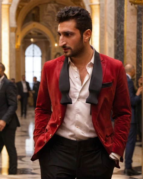 untiboti, side view profile of a young 25 years old Fares Fares on a fancy golden palace wearing a red suit with a unbuttoned white shirt, split loose black tie, shaved face, (messy quiff hair:1.2), adjusting suit, natural lighting, brow dark eyes, perfect pupils, 4k uhd, dslr, soft lighting, high quality, Fujifilm XT3 <lora:UntiedBT-Final-EP12:1.45@0,1.45@0.35,0.85@0.35> <lora:Fares_Fares:0.8>
