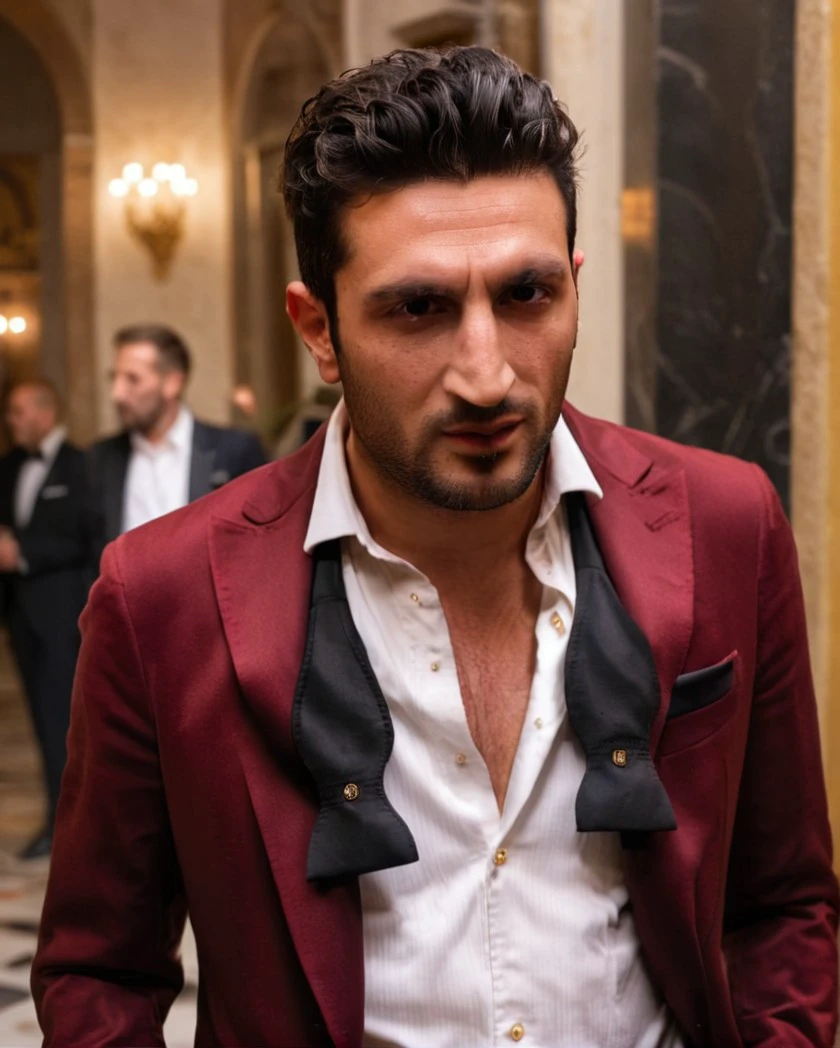 untiboti, side view profile of a young 25 years old Fares Fares on a fancy golden palace wearing a red suit with a unbuttoned white shirt, split loose black tie, shaved face, (messy quiff hair:1.2), adjusting suit, natural lighting, brow dark eyes, perfect pupils, 4k uhd, dslr, soft lighting, high quality, Fujifilm XT3 <lora:UntiedBT-Final-EP12:1.45@0,1.45@0.35,0.85@0.35> <lora:Fares_Fares:0.8>