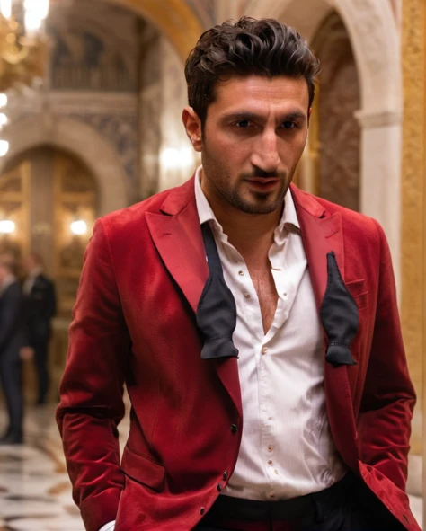 untiboti, side view profile of a young 25 years old Fares Fares on a fancy golden palace wearing a red suit with a unbuttoned white shirt, split loose black tie, shaved face, (messy quiff hair:1.2), adjusting suit, natural lighting, brow dark eyes, perfect pupils, 4k uhd, dslr, soft lighting, high quality, Fujifilm XT3 <lora:UntiedBT-Final-EP12:1.45@0,1.45@0.35,0.85@0.35> <lora:Fares_Fares:0.8>