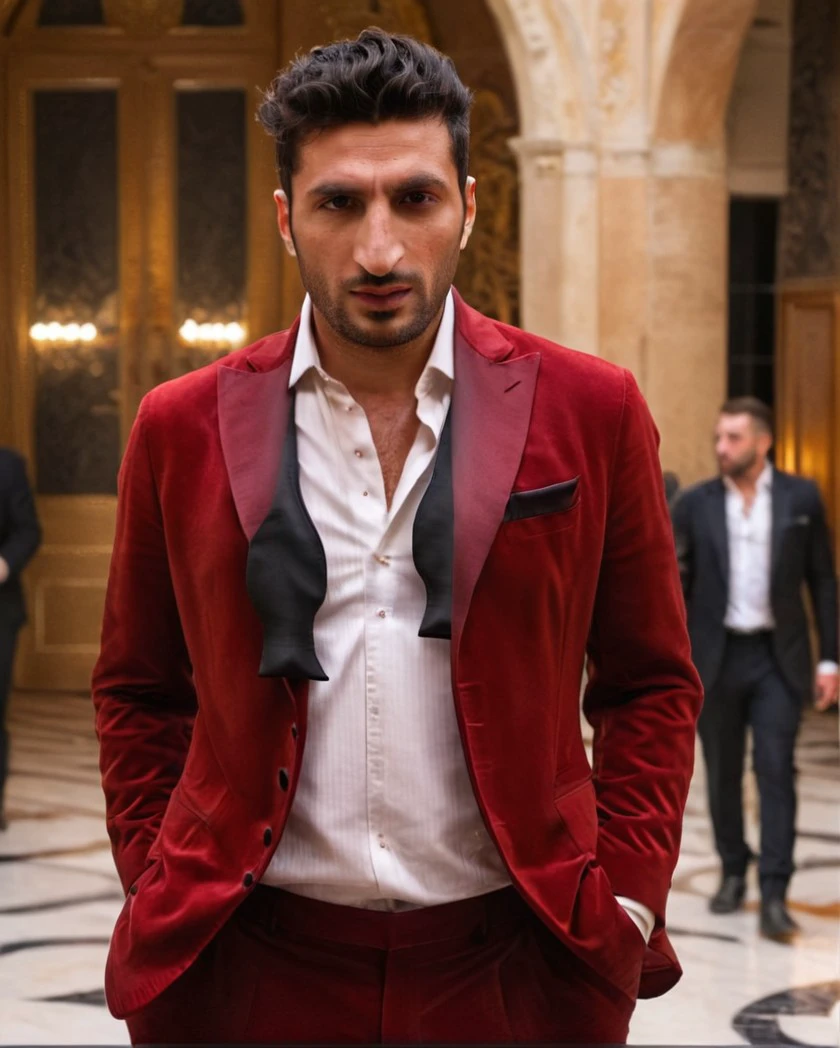 untiboti, side view profile of a young 25 years old Fares Fares on a fancy golden palace wearing a red suit with a unbuttoned white shirt, split loose black tie, shaved face, (messy quiff hair:1.2), adjusting suit, natural lighting, brow dark eyes, perfect pupils, 4k uhd, dslr, soft lighting, high quality, Fujifilm XT3 <lora:UntiedBT-Final-EP12:1.45@0,1.45@0.35,0.85@0.35> <lora:Fares_Fares:0.8>