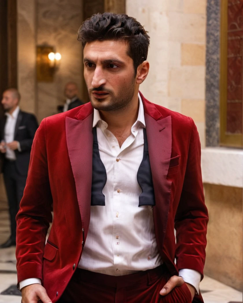 untiboti, side view profile of a young 25 years old Fares Fares on a fancy golden palace wearing a red suit with a unbuttoned white shirt, split loose black tie, shaved face, (messy quiff hair:1.2), adjusting suit, natural lighting, brow dark eyes, perfect pupils, 4k uhd, dslr, soft lighting, high quality, Fujifilm XT3 <lora:UntiedBT-Final-EP12:1.45@0,1.45@0.35,0.85@0.35> <lora:Fares_Fares:0.8>