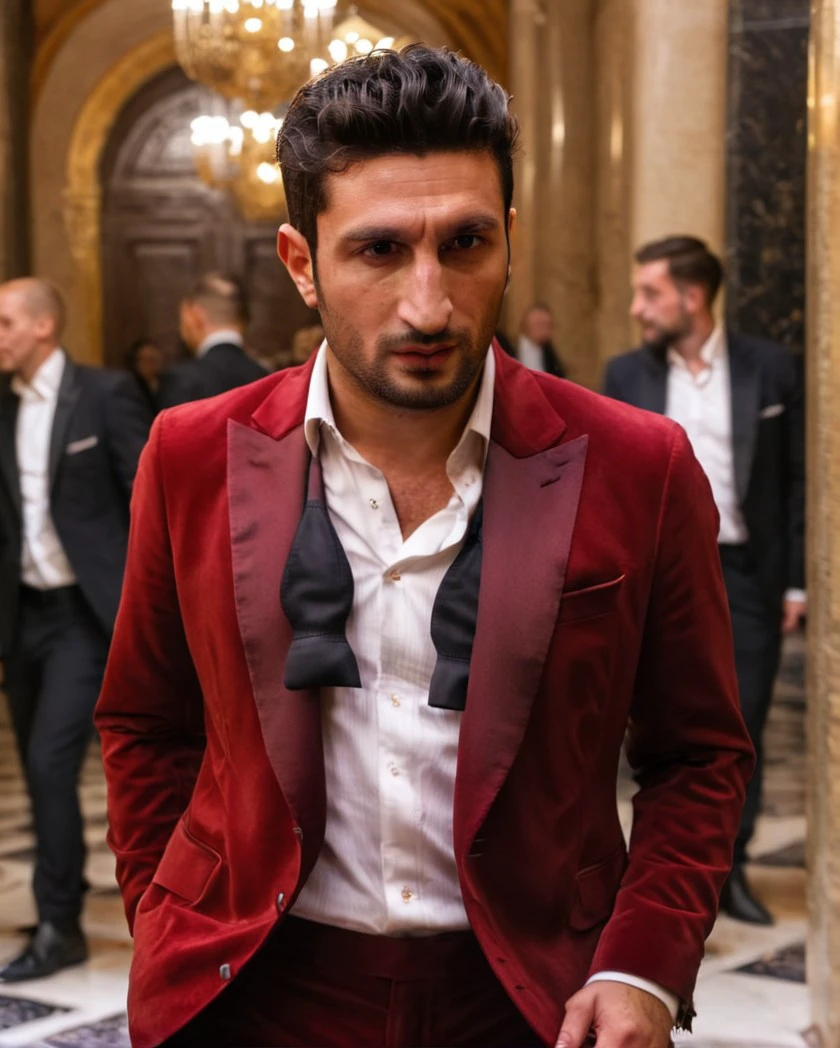 untiboti, side view profile of a young 25 years old Fares Fares on a fancy golden palace wearing a red suit with a unbuttoned white shirt, split loose black tie, shaved face, (messy quiff hair:1.2), adjusting suit, natural lighting, brow dark eyes, perfect pupils, 4k uhd, dslr, soft lighting, high quality, Fujifilm XT3 <lora:UntiedBT-Final-EP12:1.45@0,1.45@0.35,0.85@0.35> <lora:Fares_Fares:0.8>