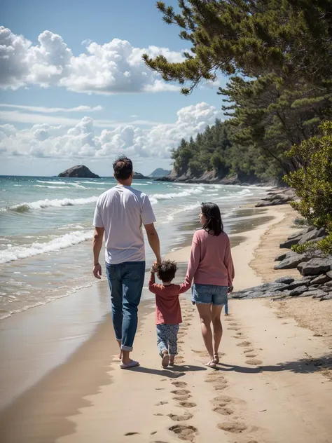 <lora:nicebeach2:1.0>, a photo of a family walking on a beach, nicebeach