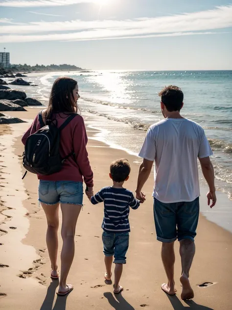 <lora:nicebeach2:1.0>, a photo of a family walking on a beach, nicebeach