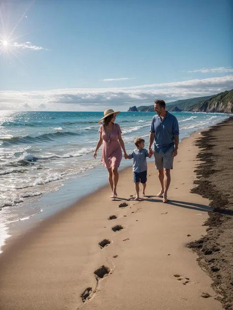 <lora:nicebeach2:1.0>, a photo of a family walking on a beach, nicebeach