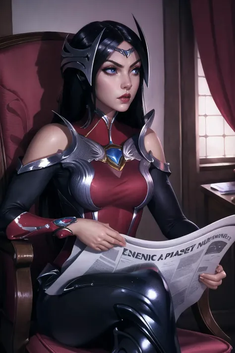 Highly detailed, High Quality, Masterpiece, beautiful, 1girl, solo, Irelia, <lora:Char_LoL_Irelia:0.8>, TomReadingTheNewspaper, <lora:Pos_TomReadingTheNewspaper:1>