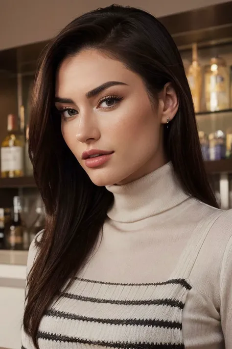 photo of S211_AleksandraKosheleva,an attractive woman,in a (bar:1.1),wearing a (barcode-striped turtleneck-dress:1.2),(8k, RAW photo, best quality, depth of field, ultra high res:1.2),(absurdres, intricate, photorealistic, masterpiece, ultra-detailed:1.3),