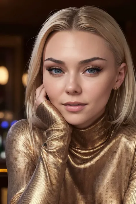 photo of S163_LisEvans, an attractive woman, in a (bar:1.1), wearing a (turtleneck-bronze-dress:1.1), (makeup:1.1), (smiling), (8k, RAW photo, best quality, depth of field, ultra high res:1.2), (absurdres, intricate, photorealistic, masterpiece, ultra-detailed:1.3)