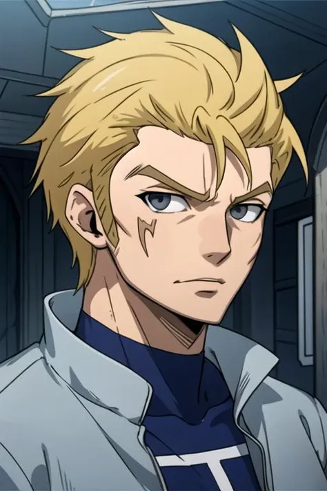 masterpiece, best quality, game cg, 1boy, solo, male focus, looking at viewer, , depth of field, anime coloring, , <lora:laxus_dreyar:0.72>, laxus_dreyar, blonde hair, grey eyes, t-shirt, , , HDR