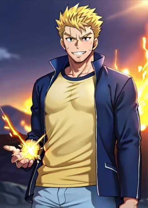 (((best quality, high resolution, masterpiece, best quality))),<lyco:husbandoLocon_v33:0.5>, <lora:Pose - Penis_AnimeDickV3:0.2>, anime screencap, 1boy, muscular male, sweaty, masterpiece, depth of field, <lora:Clothing - Sexy Baseball Player:0.5>, baseballplayer, looking at viewer, <lora:Character - laxus_dreyar:0.7>, laxus_dreyar, yellow hair, yellow lightning, lighting spark, dynamic pose, grey eyes, fantasy setting, volcano on background, blue shirt, black jacket, grin