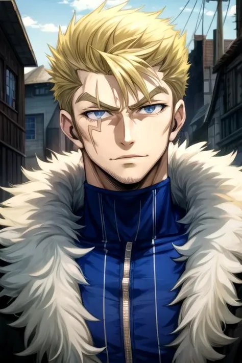 masterpiece, best quality, illustration, 1boy, solo, male focus, looking at viewer, upper body, depth of field, , , <lora:laxus_dreyar:0.70>, laxus_dreyar, blonde hair, grey eyes, , wasteland, 32k resolution