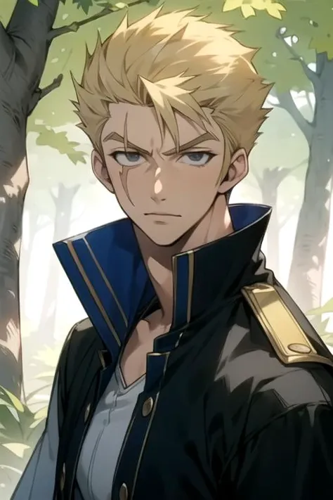 masterpiece, best quality, photorealistic, 1boy, solo, male focus, looking at viewer, , depth of field, , realistic, <lora:laxus_dreyar:0.68>, laxus_dreyar, blonde hair, grey eyes, captain costume, The Enchanted Forest,