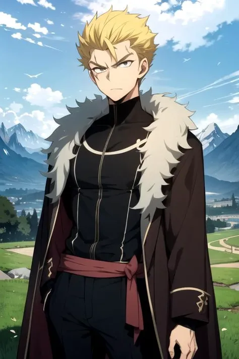masterpiece, best quality, illustration, 1boy, solo, male focus, looking at viewer, , , anime coloring, , <lora:laxus_dreyar:0.74>, laxus_dreyar, blonde hair, grey eyes, devil costume, The Valley of the Damned,