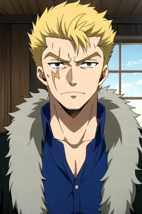 masterpiece, best quality, movie still, 1boy, solo, male focus, looking at viewer, upper body, , ligne claire, , <lora:laxus_dreyar:0.68>, laxus_dreyar, blonde hair, grey eyes