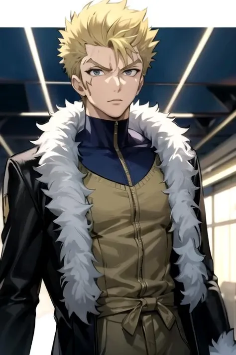 masterpiece, best quality, movie still, 1boy, solo, male focus, looking at viewer, upper body, depth of field, ligne claire, , <lora:laxus_dreyar:0.66>, laxus_dreyar, blonde hair, grey eyes, camel costume, science fiction noir,