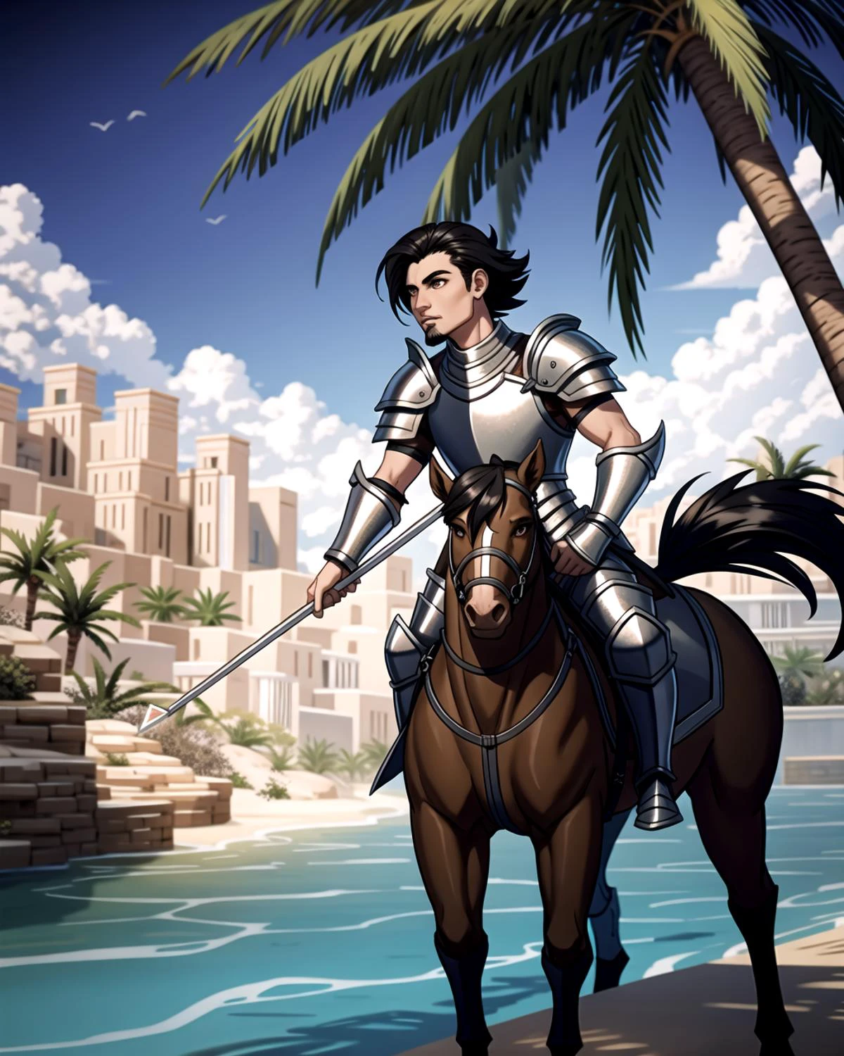 ((masterpiece), best quality, high quality, professional quality, highly detailed, highres, perfect lighting, natural lighting), Knight Charging into battle on horseback, wielding a lance and clad in heavy armor, Savior, Tall, Sculpted, Diamond-Shaped Face, Olive Skin, Black Hair, brown Eyes, Short Nose, Full Lips, Sharp Chin, Extended Goatee, Medium, Comb Over, A desert oasis, with shimmering pools of crystal-clear water and palm trees swaying in the breeze