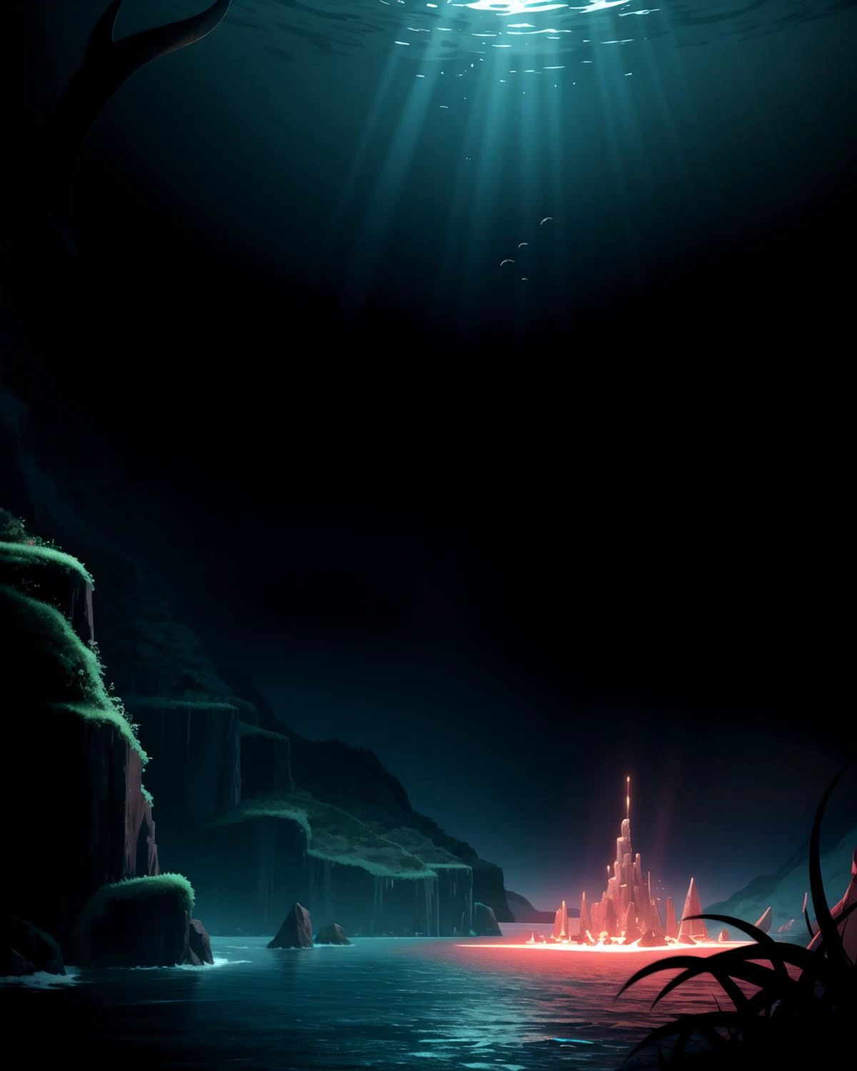 ((masterpiece), best quality, high quality, professional quality, highly detailed, highres, perfect lighting, natural lighting), holographic, holographic interface, An ocean world with no visible landmasses, inhabited by intelligent, telepathic marine life forms., Alien Jungle, vampire