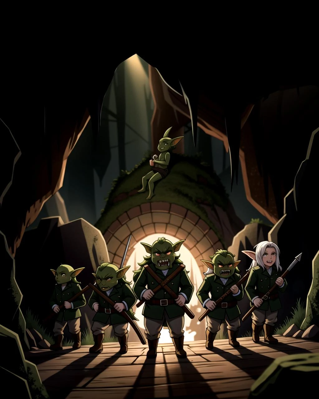 ((masterpiece), best quality, high quality, professional quality, highly detailed, highres, perfect lighting, natural lighting), goblin army, marching, dark cave, weapons drawn, ugly faces, long fangs, wearing ragged clothing, gross, disgusting