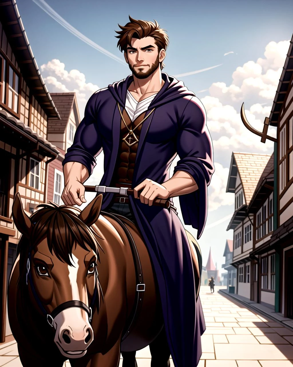 ((masterpiece), best quality, high quality, professional quality, highly detailed, highres, perfect lighting, natural lighting), (1boy, muscular, handsome, no facial hair, medium length hair, brown hair), wearing wizard robes, riding a horse, in a fantasy town