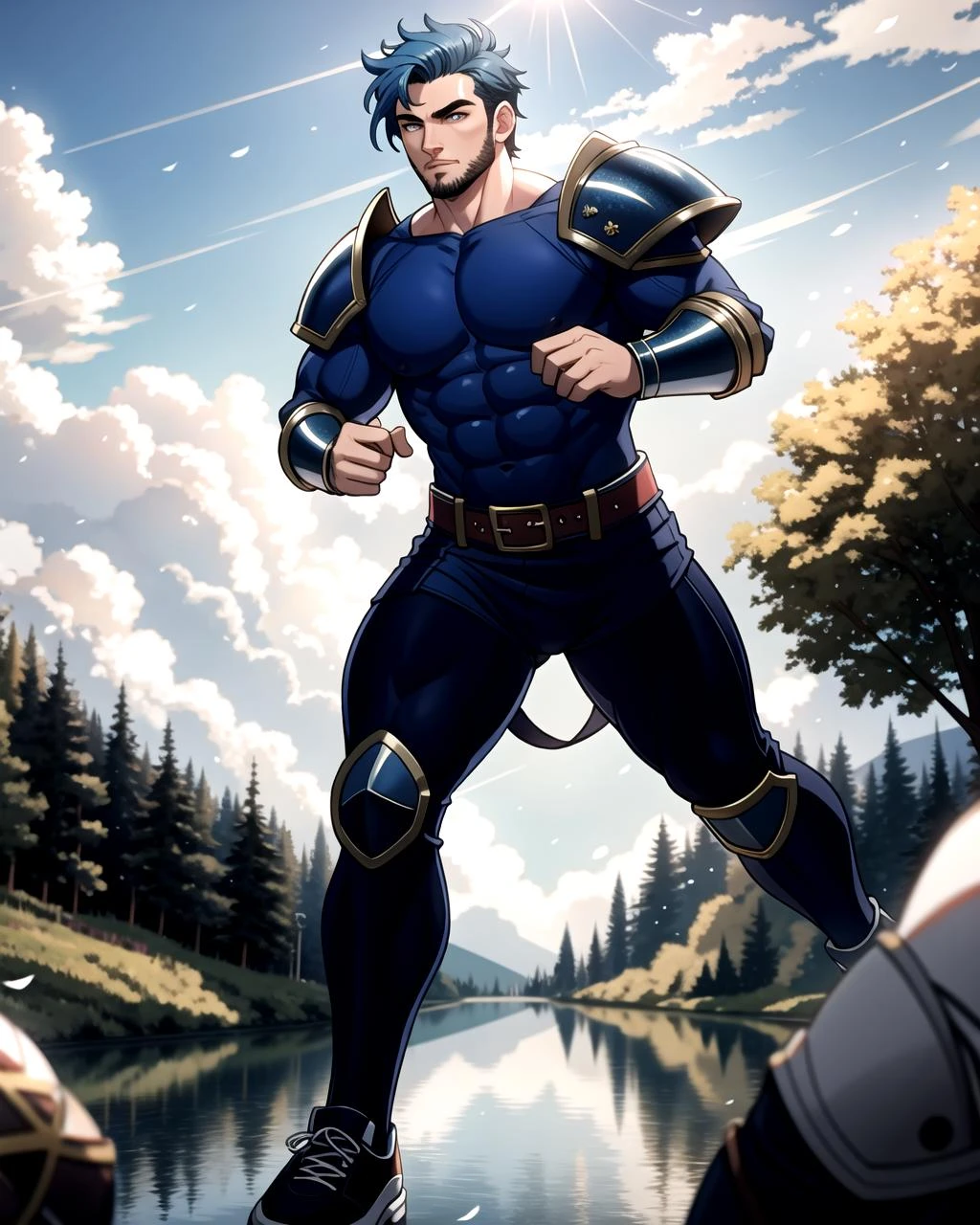 ((masterpiece), best quality, high quality, professional quality, highly detailed, highres, perfect lighting, natural lighting), (1boy, muscular, handsome, no facial hair, short hair, blue hair), wearing armor, running, by a lake