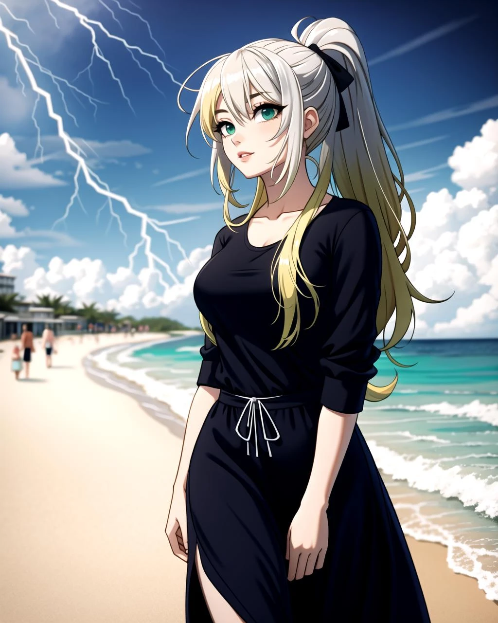 ((masterpiece), best quality, high quality, professional quality, highly detailed, highres, perfect lighting, natural lighting), (1girl, beautiful, medium breasts, (multicolored hair, silver hair,green hair,blonde hair, long hair, high ponytail), perfecteyes eyes), (wearing lightning print, extremelyBeautiful_beautifulclotheswild/Extremely beautiful clothes), on the beach, walking the boardwalk, <lyco:locon_perfecteyes_v1_from_v1_64_32:0.6>