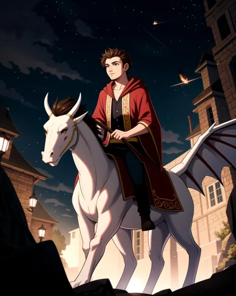 ((masterpiece), best quality, high quality, professional quality, highly detailed, highres, perfect lighting, natural lighting), (1boy, slender, handsome, no facial hair, short hair, brown hair), wearing wizard robes, riding a dragon, outdoors