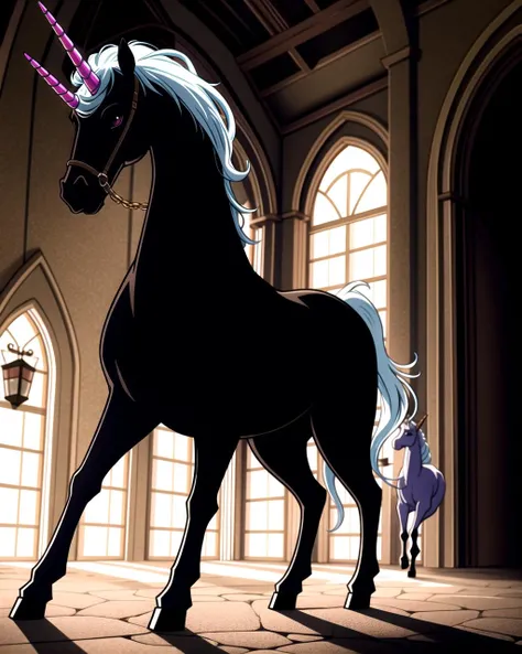 ((masterpiece), best quality, high quality, professional quality, highly detailed, highres, perfect lighting, natural lighting), unicorn, galloping, on castle tower