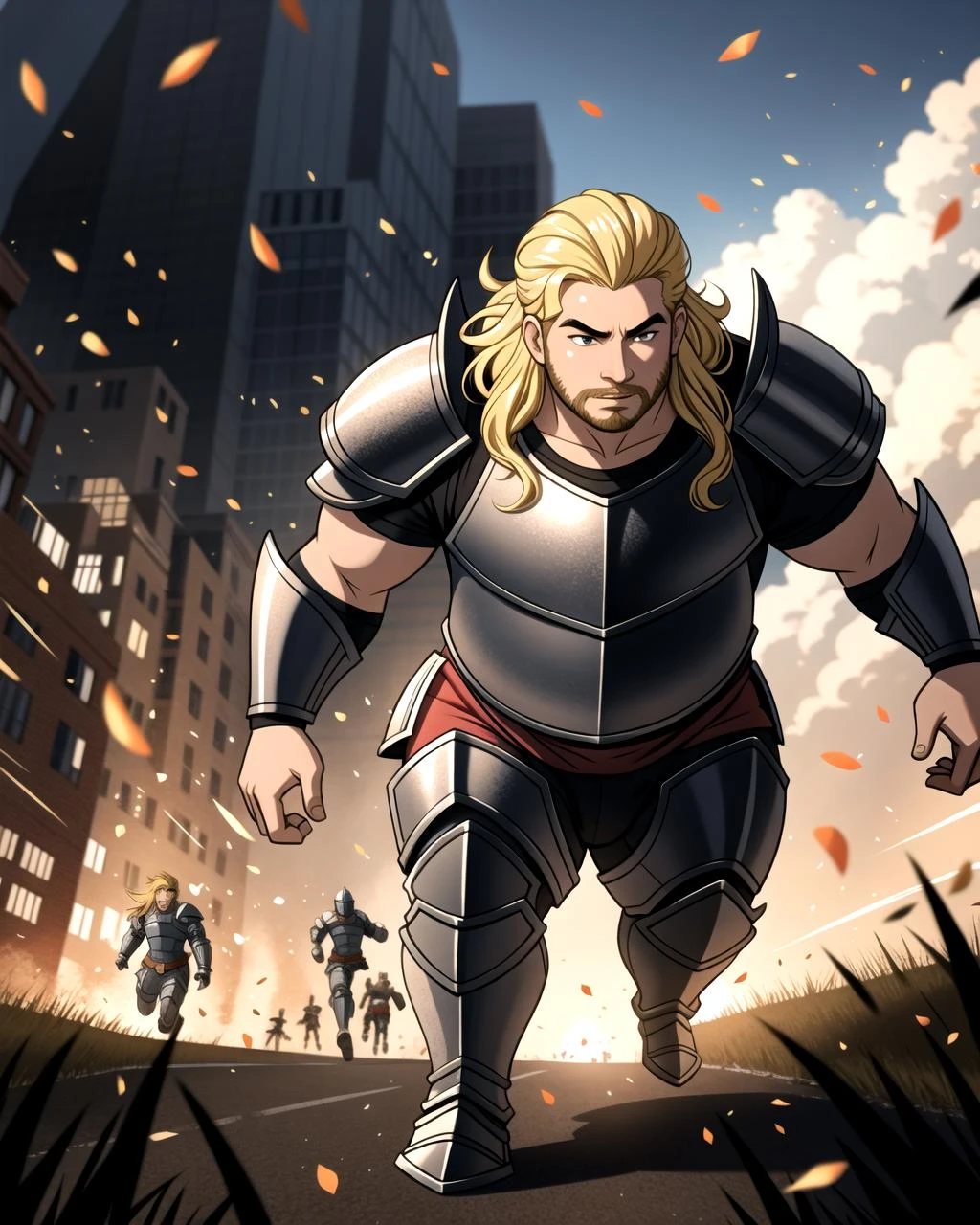 ((masterpiece), best quality, high quality, professional quality, highly detailed, highres, perfect lighting, natural lighting), (1boy, overweight, handsome, goatee, medium length hair, blonde hair), wearing armor, running, on a battlefield