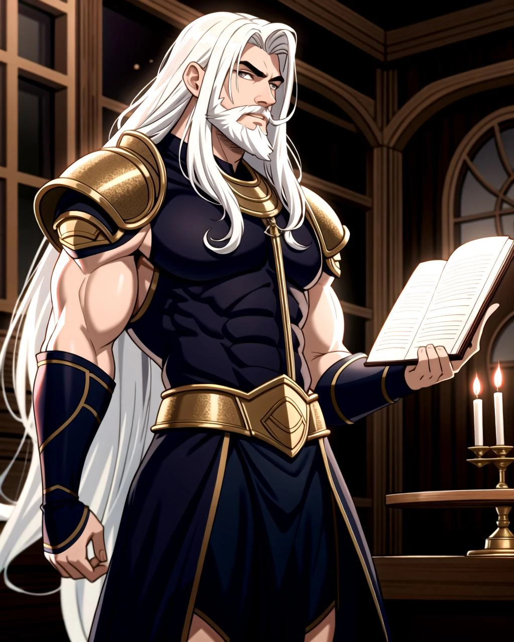 ((masterpiece), best quality, high quality, professional quality, highly detailed, highres, perfect lighting, natural lighting), (1boy, muscular, handsome, long beard, long hair, white hair), wearing armor, casting a spell, in a fantasy town
