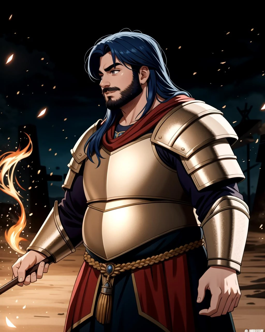 ((masterpiece), best quality, high quality, professional quality, highly detailed, highres, perfect lighting, natural lighting), (1boy, overweight, handsome, no facial hair, long hair, blue hair), wearing armor, casting a spell, on a battlefield