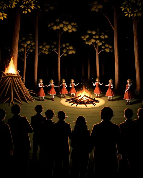 ((masterpiece), best quality, high quality, professional quality, highly detailed, highres, perfect lighting, natural lighting), group of elves, dancing, bonfire, in forest, surrounded by large trees