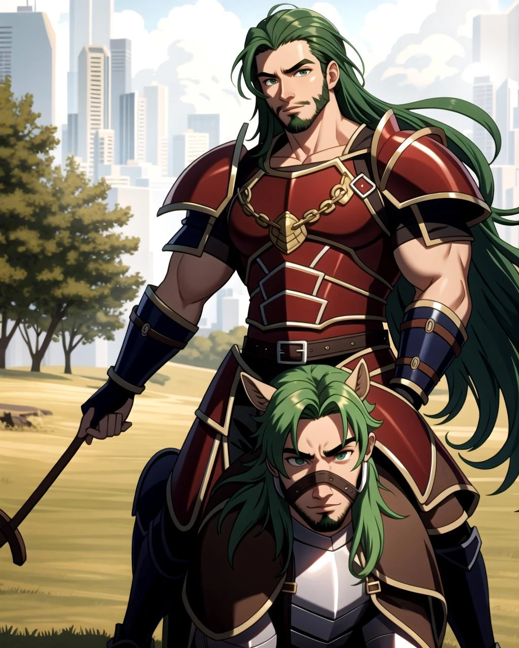 ((masterpiece), best quality, high quality, professional quality, highly detailed, highres, perfect lighting, natural lighting), (1boy, muscular, handsome, goatee, long hair, green hair), wearing armor, riding a horse, outdoors