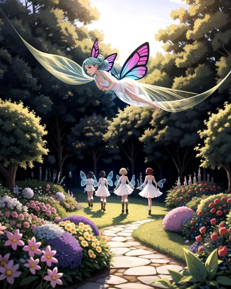 ((masterpiece), best quality, high quality, professional quality, highly detailed, highres, perfect lighting, natural lighting), group of fairies, butterfly wings, translucent wings, flying, magical garden